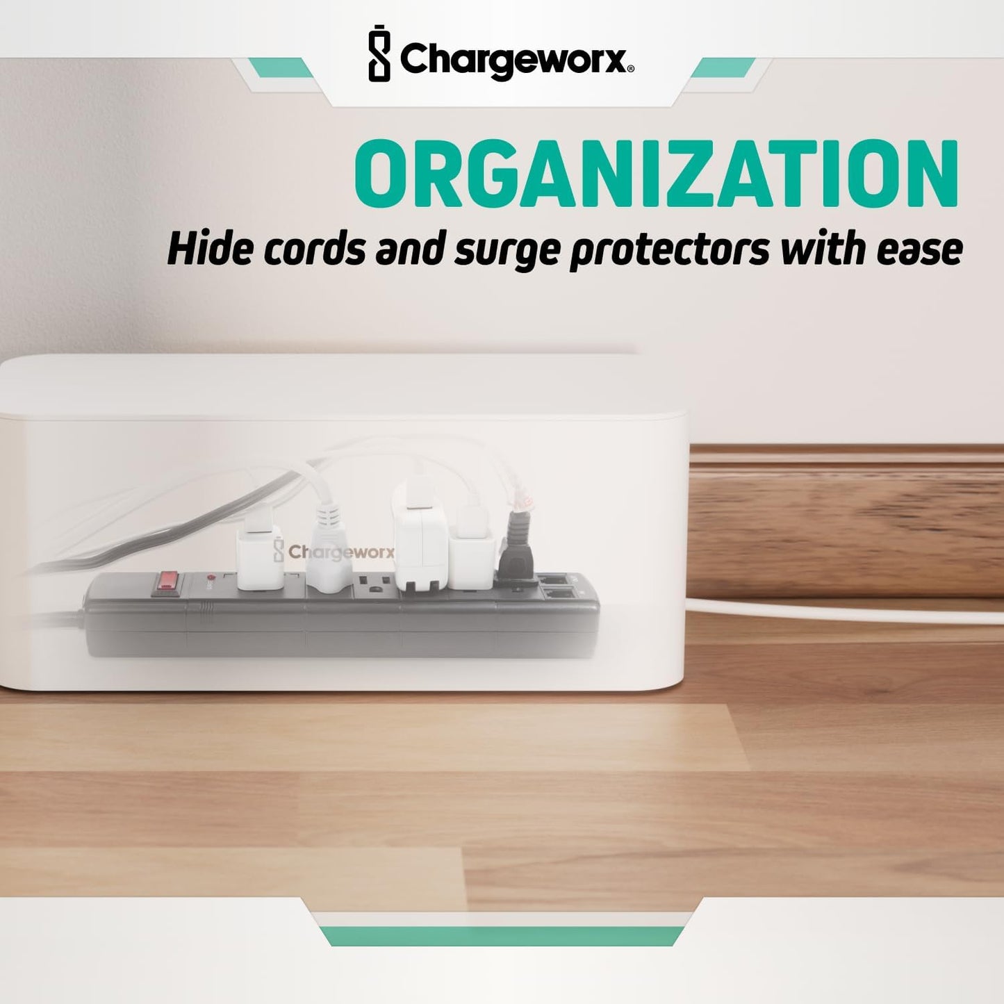 ChargeWorx Cable-Management Box Set, 2 Pack Cord Organizer to Hide Power Strips and Surge Protectors, Desk and Floor Wire Concealer for Home Office