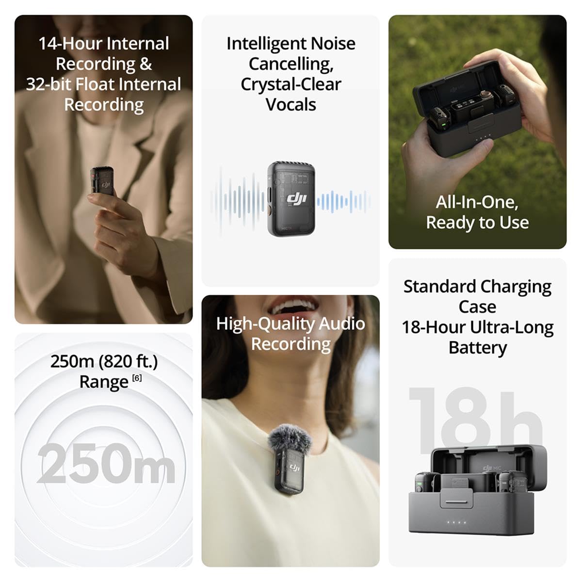 DJI Mic 2 (2 TX + 1 RX + Charging Case), All-in-one Wireless Microphone, Intelligent Noise Cancelling, for iPhone, Android, Camera Bundle with, 2x