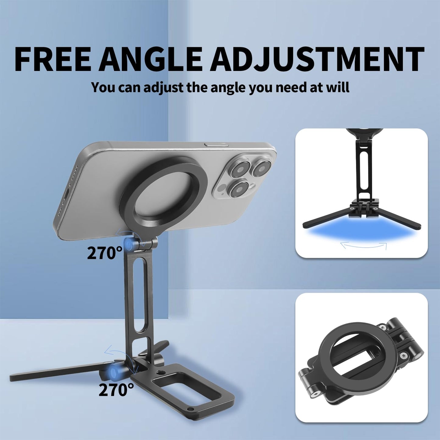 FIFIELD Magnetic Phone Tripod Stand 1/4" Screw Aluminum Mini Foldable Tripod for Cell Phone, Travel Essential Adjustable iPhone Stand