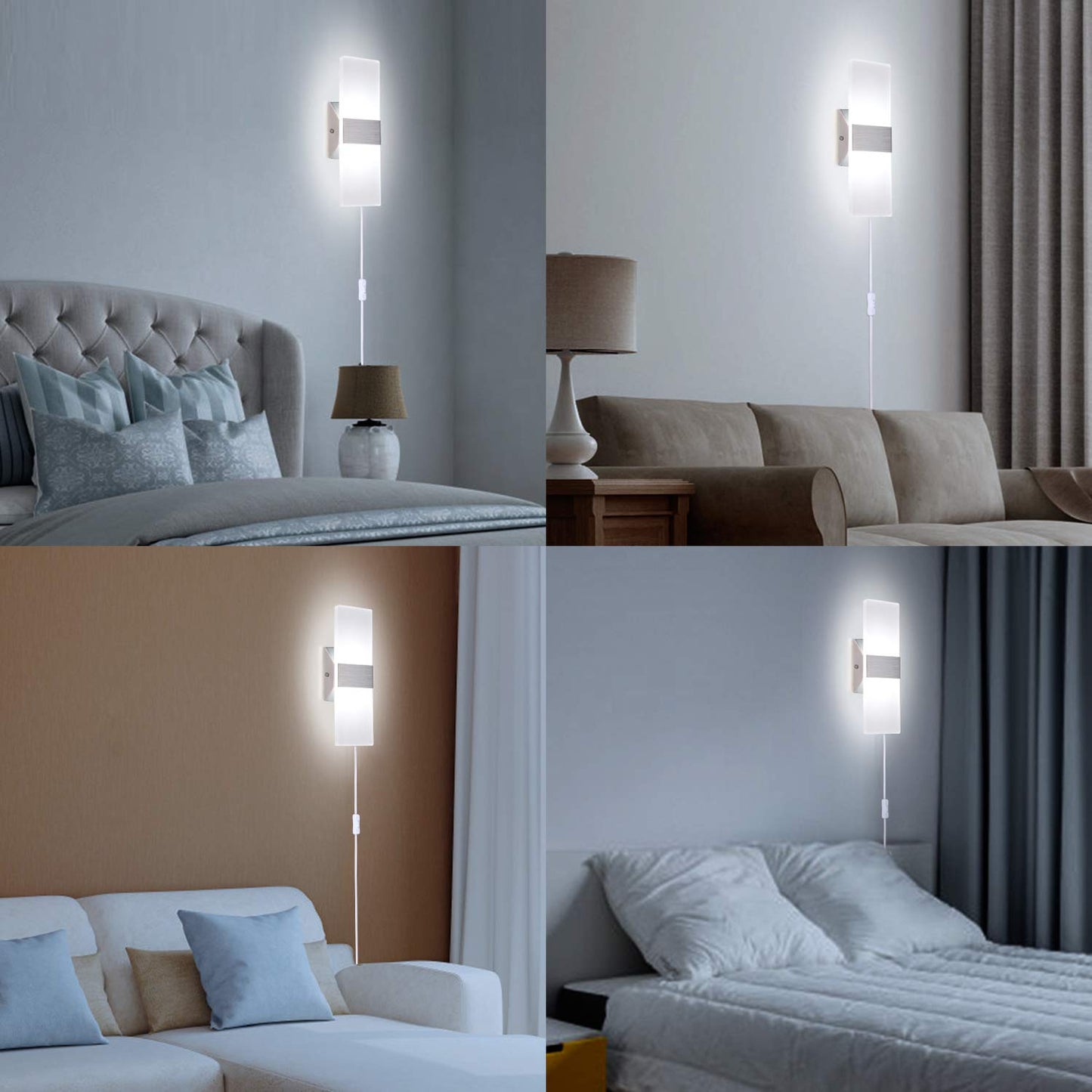 TRLIFE Wall Sconce Plug in, Modern Wall Sconce 12W Wall Mounted Light 6000K Cool White Acrylic LED Wall Lights with 6FT Plug in Cord and On/Off Switch