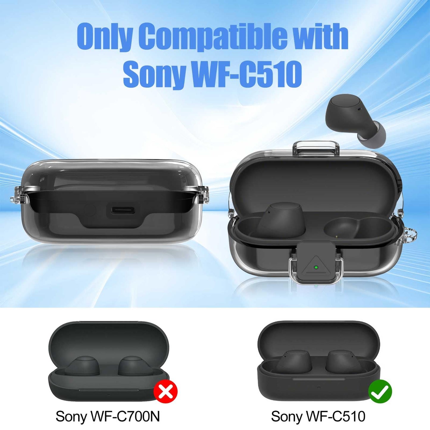 POZCIS [with Safety Lock] for Sony WF-C510 Case Cover, Clear Soft TPU Protective Earbuds Case with Carabiner & Cleaner Kit Accessories Set(Clear)