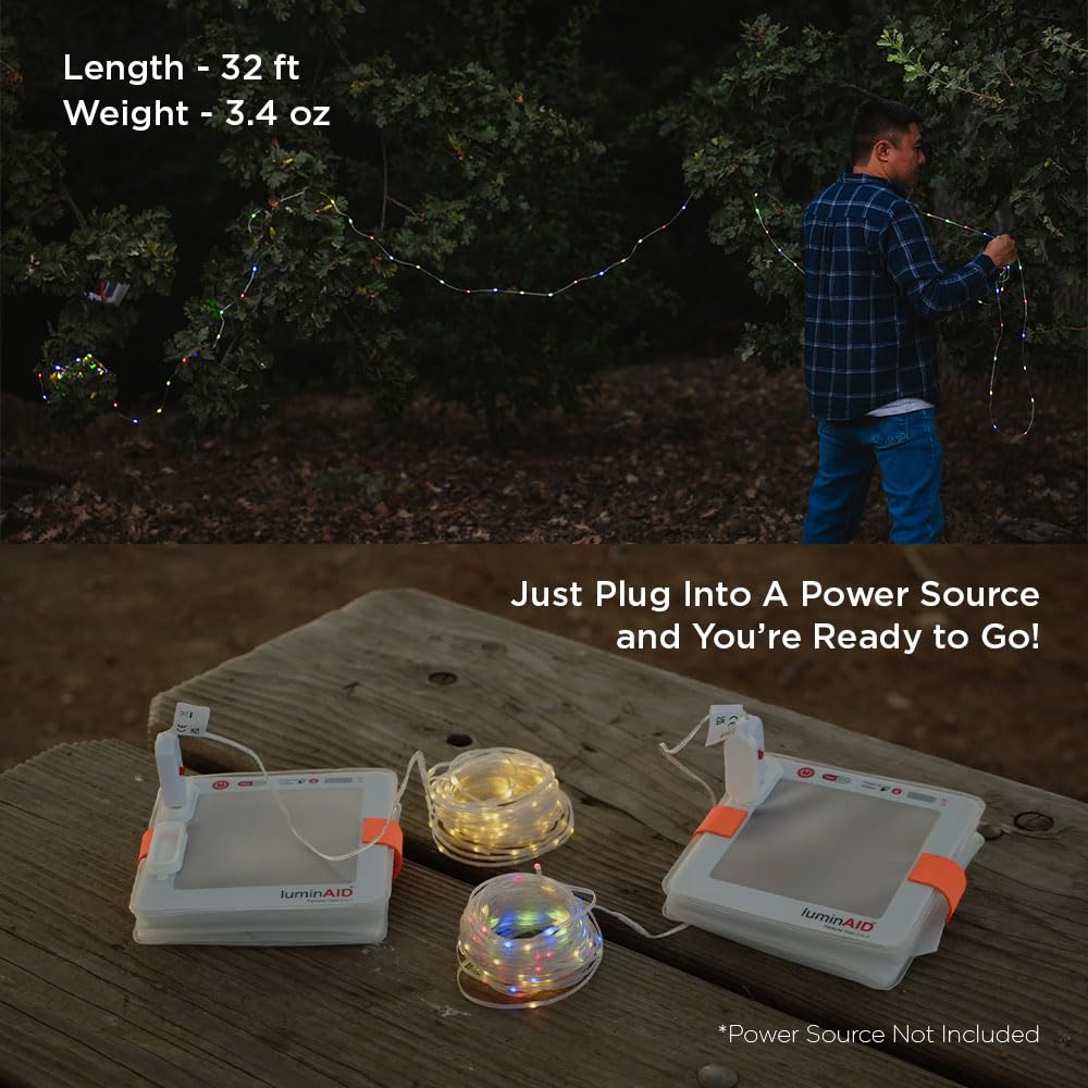 LuminAID LED String Lights - 2-Pack of 32ft USB Lights with 100 LED Bulbs per Strand - Warm White and Multicolor with 8 Modes - Perfect for Camping