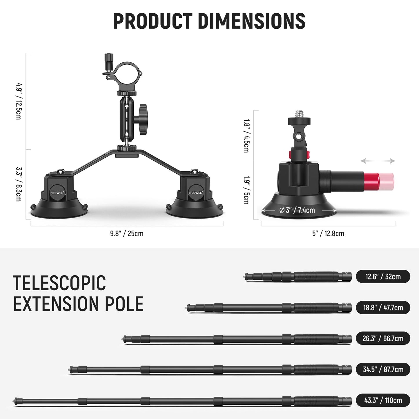 NEEWER Triple Suction Cup Car Mount Compatible with Insta360 X5 X4 GoPro DJI OSMO 360 Cameras, Quick Release Outside Windshield Magic Arm Mount Kit