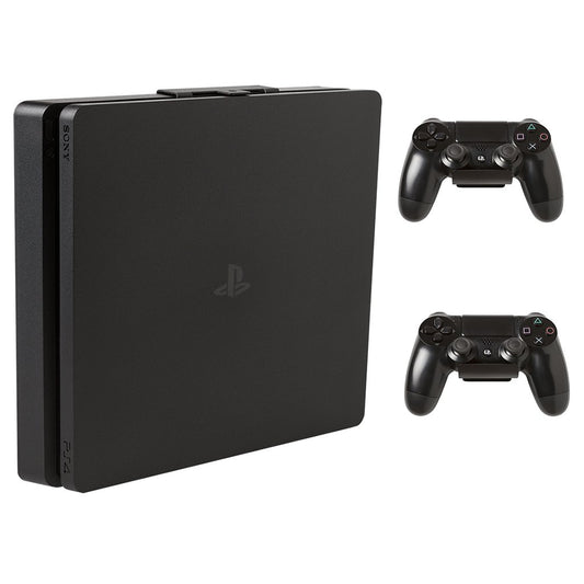 HIDEit Mounts 4S Bundle, Wall Mounts for PS4 Slim and Controllers, Steel Wall Mount for PlayStation 4 Slim and 2 Controller Mounts to Safely Store