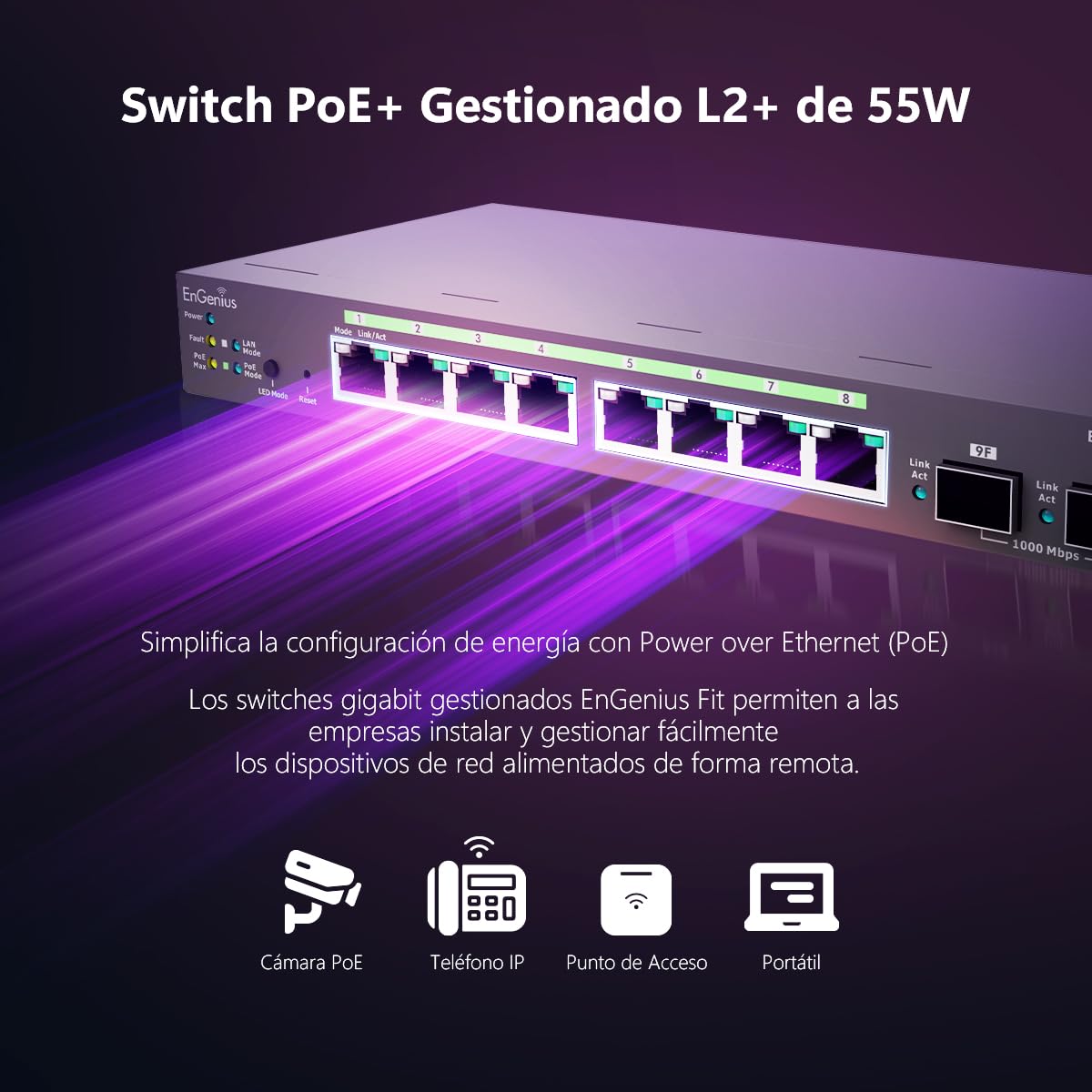 EnGenius Fit EWS2910P-FIT 8-Port Gigabit PoE Managed Switch - 55W Power Budget, Layer 2+ Management, SFP Uplinks for Small Business Networks
