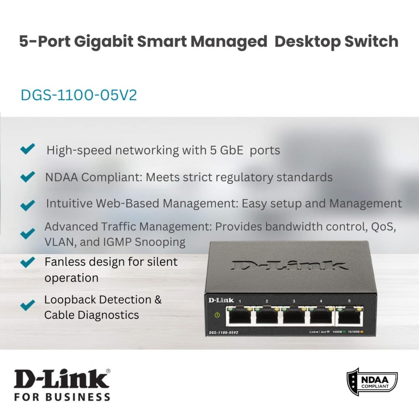D-Link 5-Port Gigabit Smart Managed Ethernet Switch, L2, VLANs, QoS, IGMP Snooping, LAG, Web UI, Sturdy Metal with Shielded Ports, Desktop, Fanless