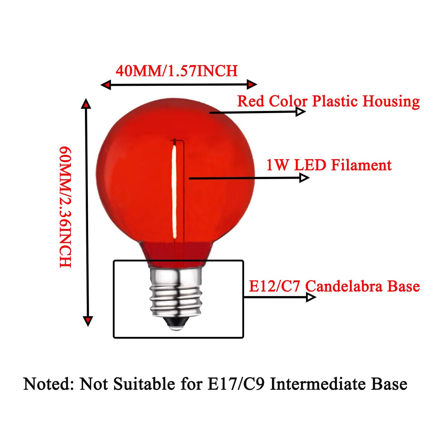 LRSUEYSKIN G40 Red LED Bulb 1W Replacement Light Bulbs Shatterproof Waterproof LED Outdoor String Lights Decorative Night Light E12/C7 Candelabra Base