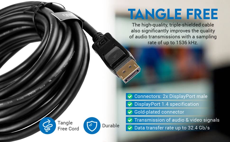 DisplayPort Cable 16FT 8K 60Hz or 4K@144Hz 2K@240Hz (Display Port 1.4 Cable) 8K Video Resolution and HDR Support DP1.4 (5M/16.4FT)