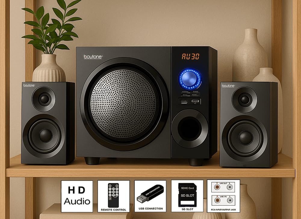 Boytone 60W Wireless Bluetooth Speaker with Powerful Bass, FM Radio, Remote Control - For Phone, Laptop, Aux-in, USB/SD