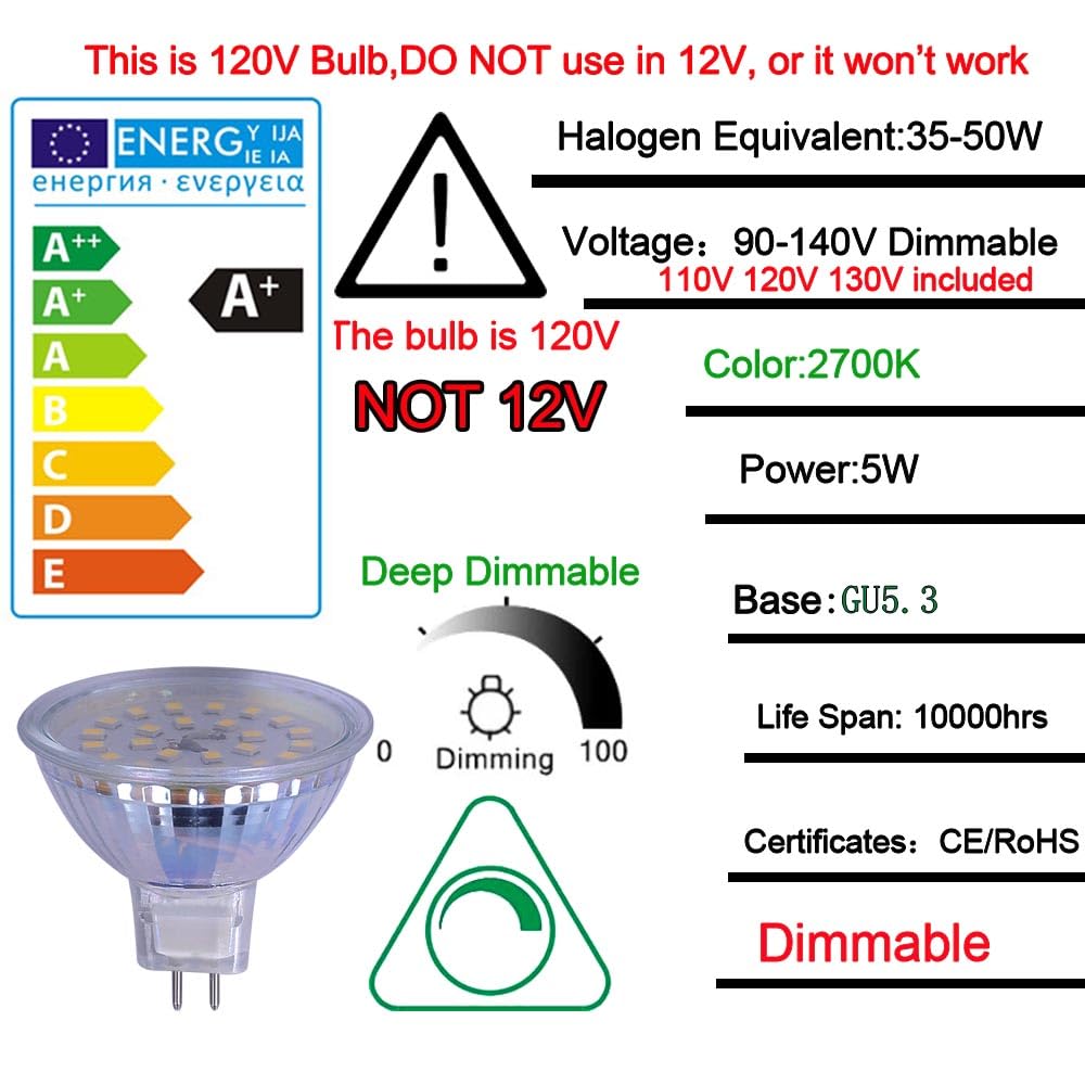 ukzboss mr16 led Bulb dimmable 120v 110V 5w 2700K Warm White Soft White Spot Light Equivalent to 50w Halogen Bulb for Tracking Light MR16 Fixture