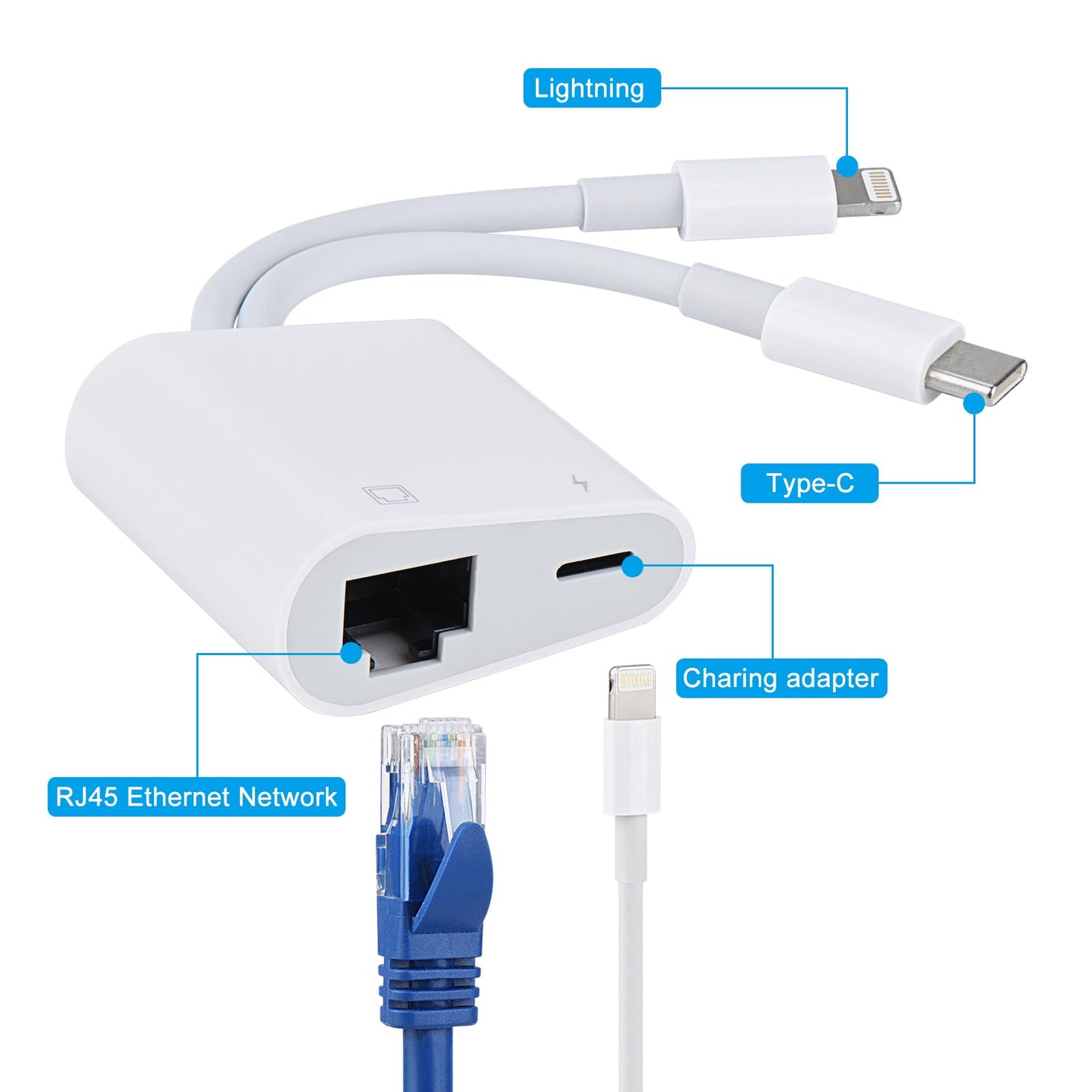 Lightning and USB C to Ethernet Adapter,2 in 1 RJ45 Ethernet LAN Network Adapter with Charge Port Compatible with iPhone/iPad/iPod/Samsung