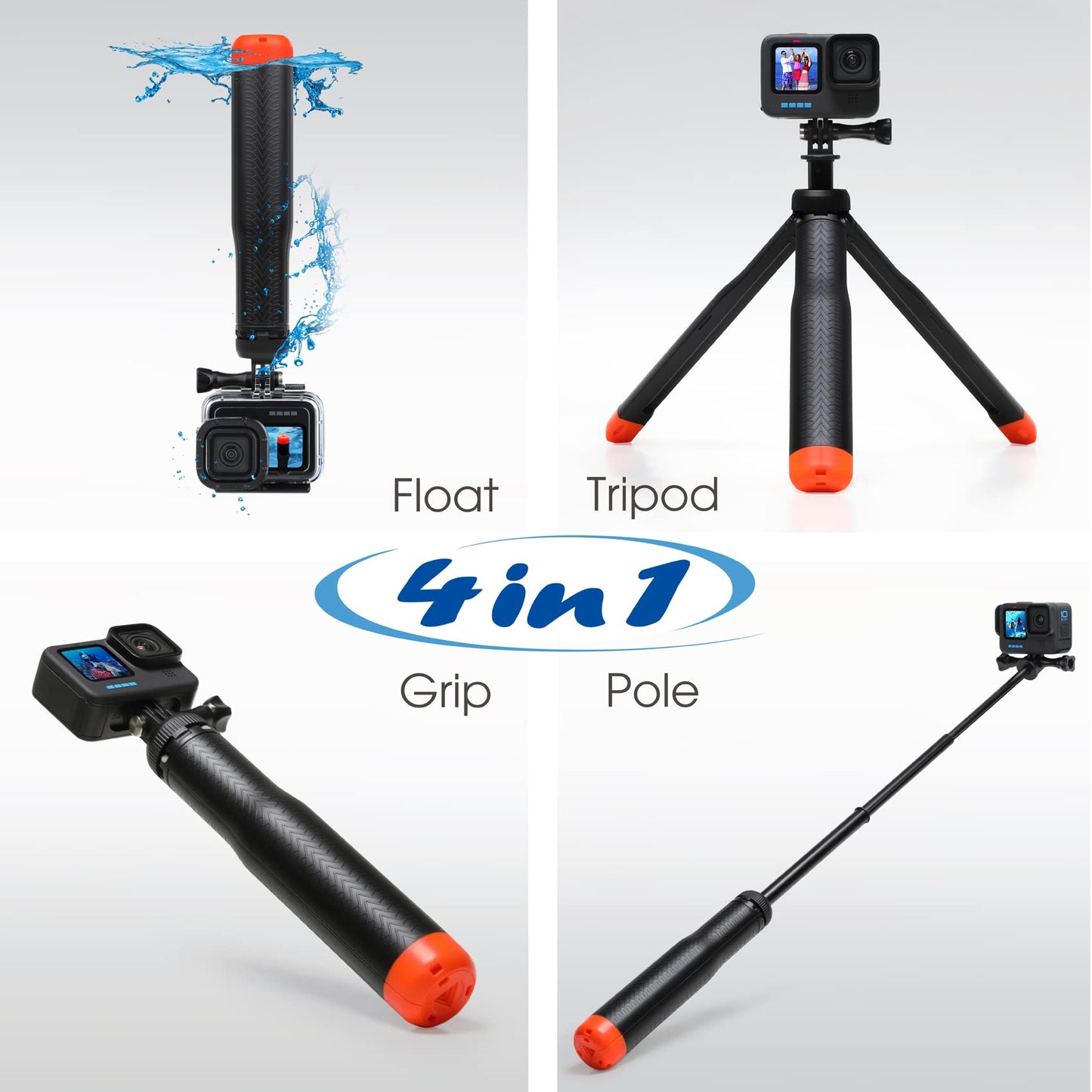 SOONSUN 4in1 Floating Selfie Stick Tripod for GoPro Hero 13 12 11 10 9 8 7 6 5 4 3, Max, AKASO, Osmo Action 3/4/5 Pro Camera - As Waterproof Extension