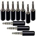 3.5mm TRRS 4 Pole Male Plug, Gold Plated Solder Headphone Jack with Black Metal Housing, 10 Pack