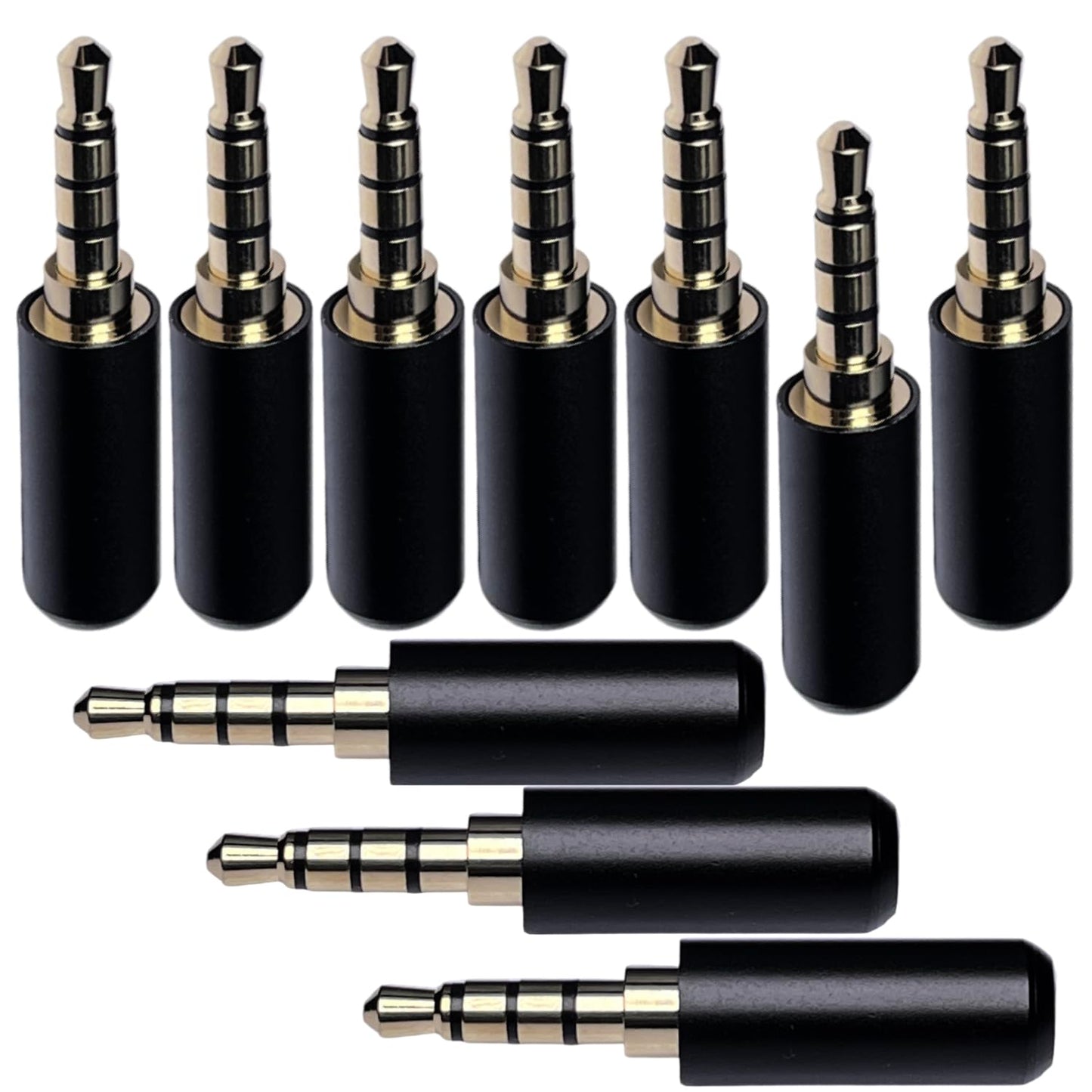 3.5mm TRRS 4 Pole Male Plug, Gold Plated Solder Headphone Jack with Black Metal Housing, 10 Pack