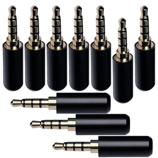 3.5mm TRRS 4 Pole Male Plug, Gold Plated Solder Headphone Jack with Black Metal Housing, 10 Pack