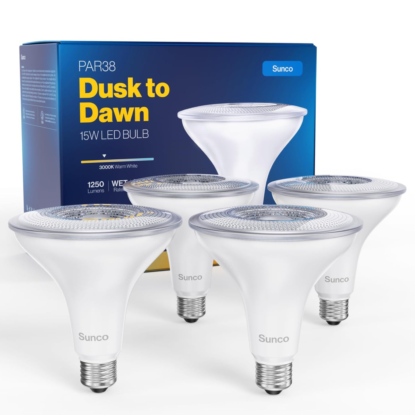 Sunco 4 Pack PAR38 LED Flood Light Bulb, Dusk to Dawn, E26, 15W=120W