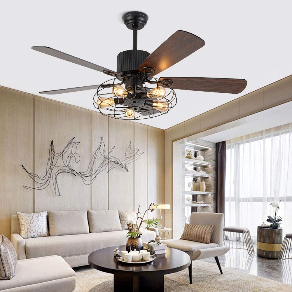 WUPYI 52 Inch Black Ceiling Fan with LED Light and Remote Control,Creative Design Chandelier Fan Light with 5 Wood Reversible Blades Black Metal