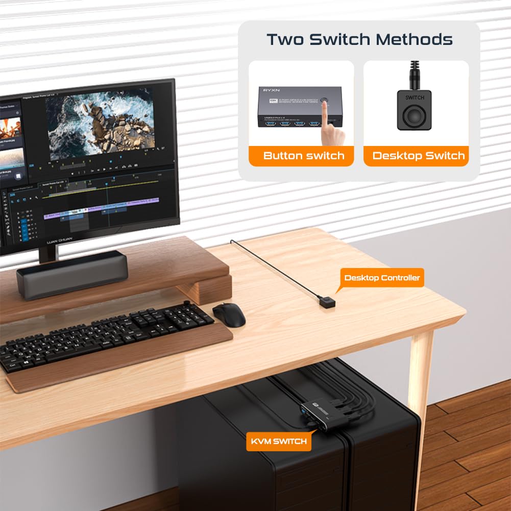 8K DP KVM Switch for 1 Monitor 2 Computers, DisplayPort 2.0 Share USB 3.0 Devices With 4 USB Hub, Support 8K@60Hz, 4K@240Hz/175Hz/144Hz, Extension