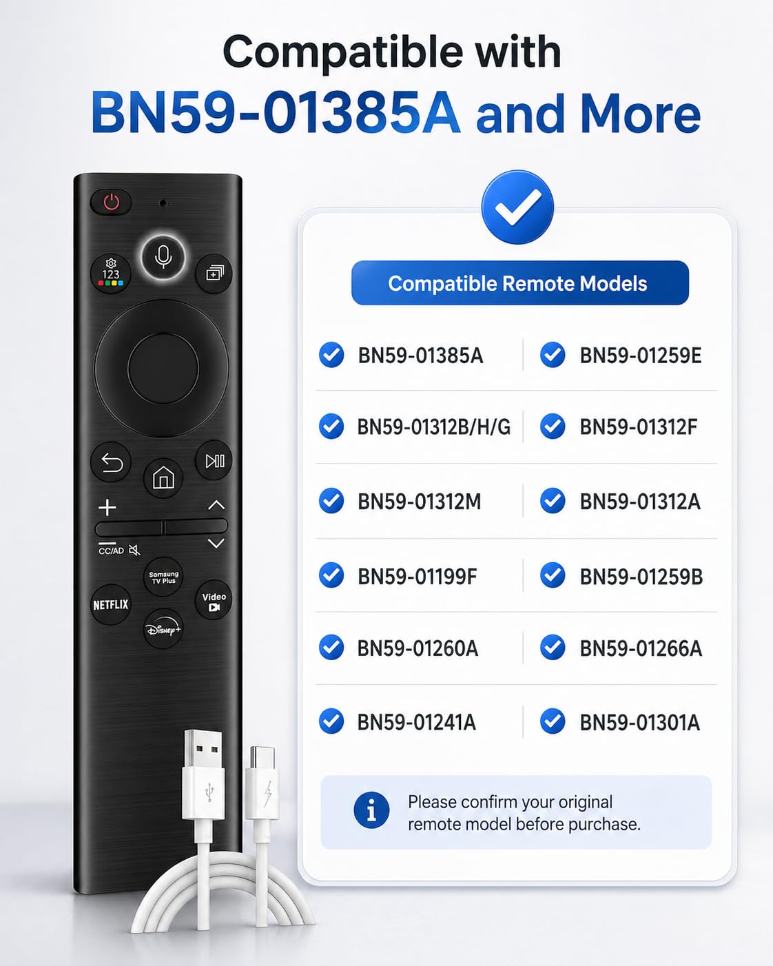 HSHONG BN59-01385A Solar Voice Remote Control Replacement for Samsung Smart TVs 2020-2025, Compatible with Frame Crystal UHD QLED Neo LED 4K TVs