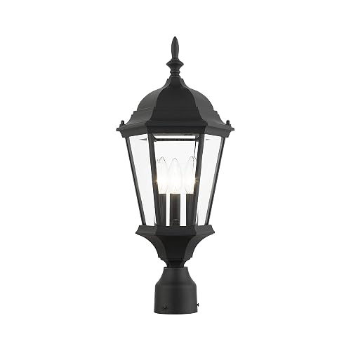 Livex Lighting 7563-14 Hamilton 3 Light Black Cast Aluminum Outdoor Post Head Lantern with Clear Beveled Glass