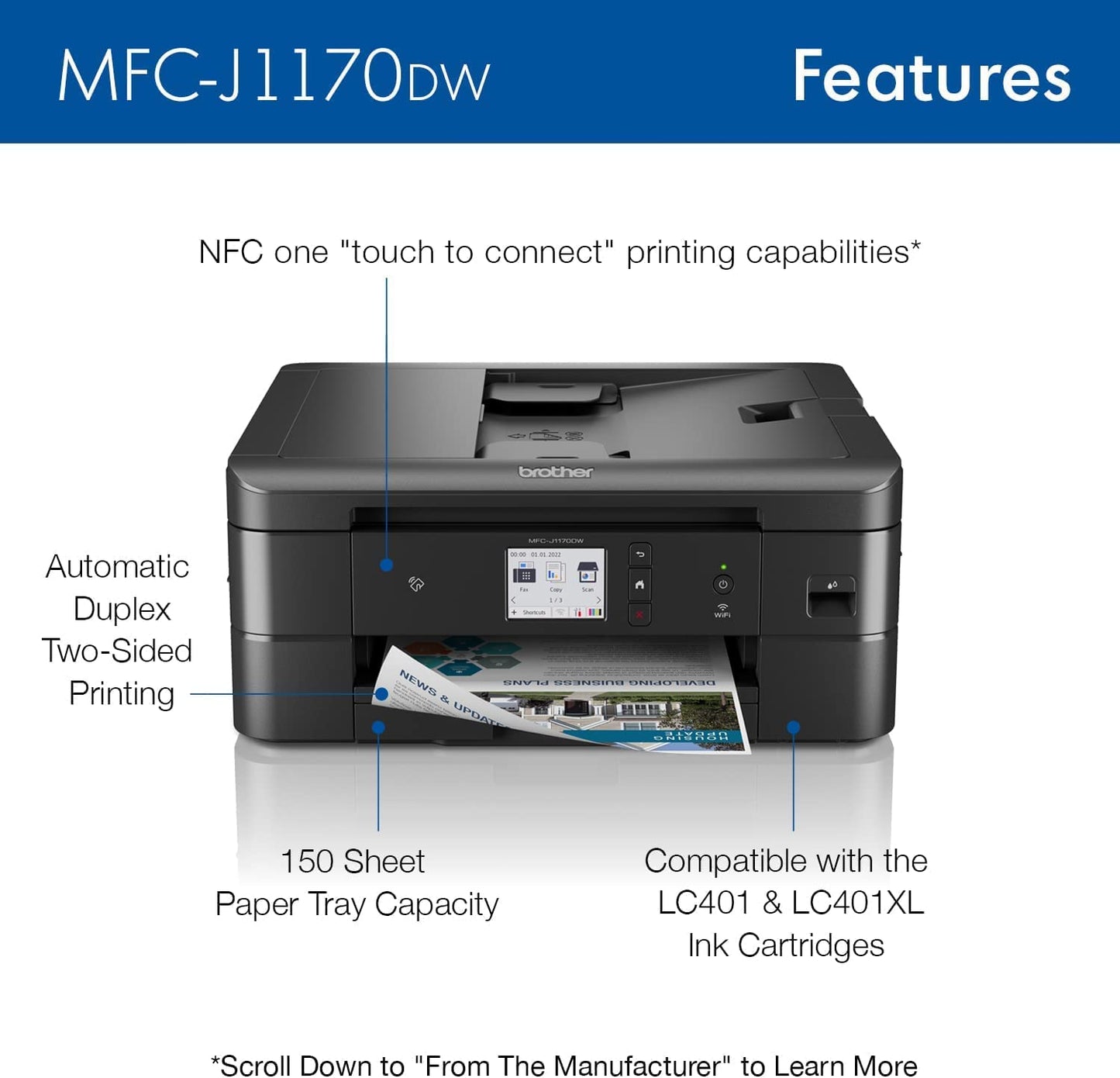 Brother MFC-J1170DW Wireless Color Inkjet All-in-One Printer with Mobile Device Printing, NFC, Cloud Printing & Scanning, Refresh Subscription
