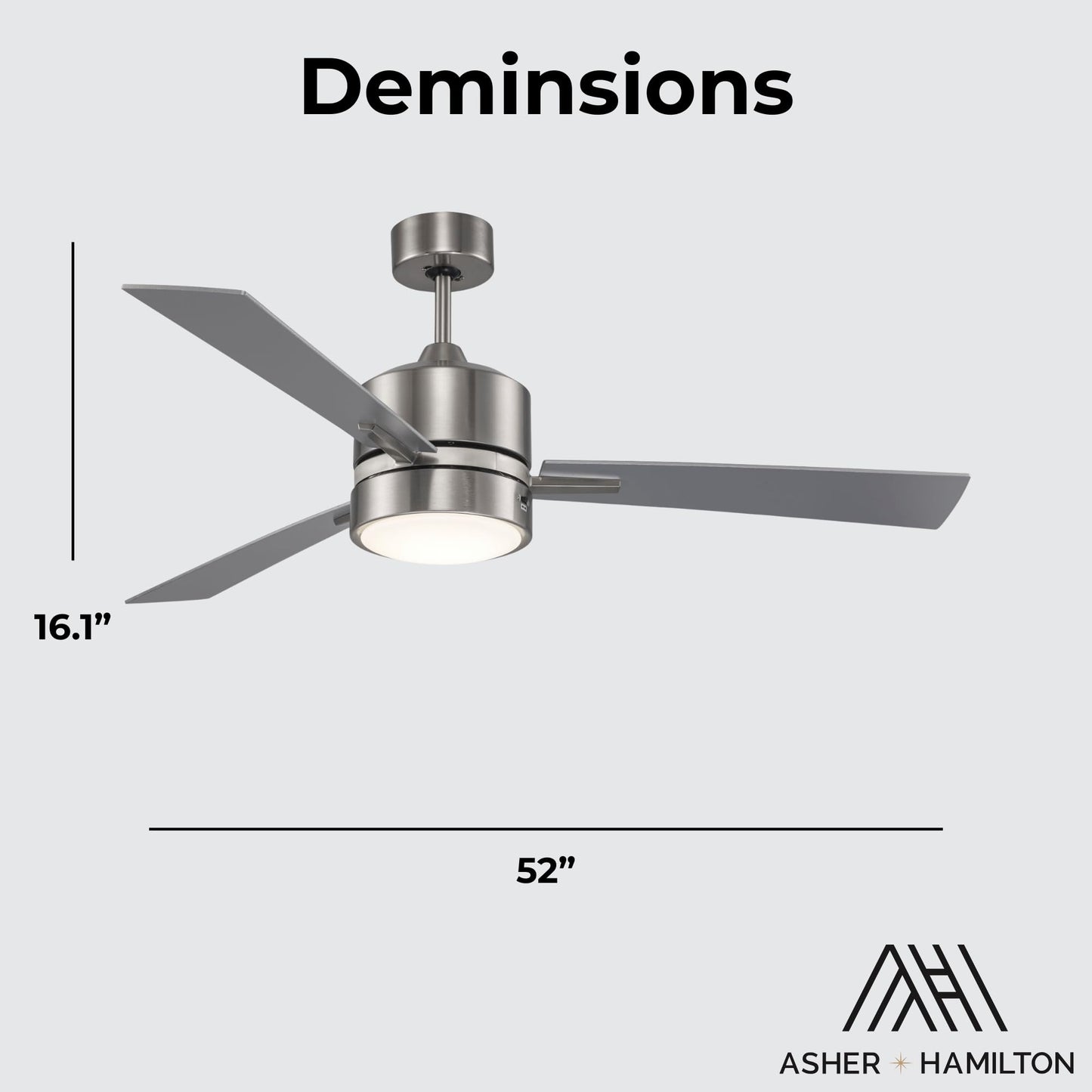 Asher Hamilton AHF-207BN Aero 52 Inch Indoor Ceiling Fan | Integrated LED Light Kit 1184 Lumens 3000K | 3 Blade Configuration | Control Included |