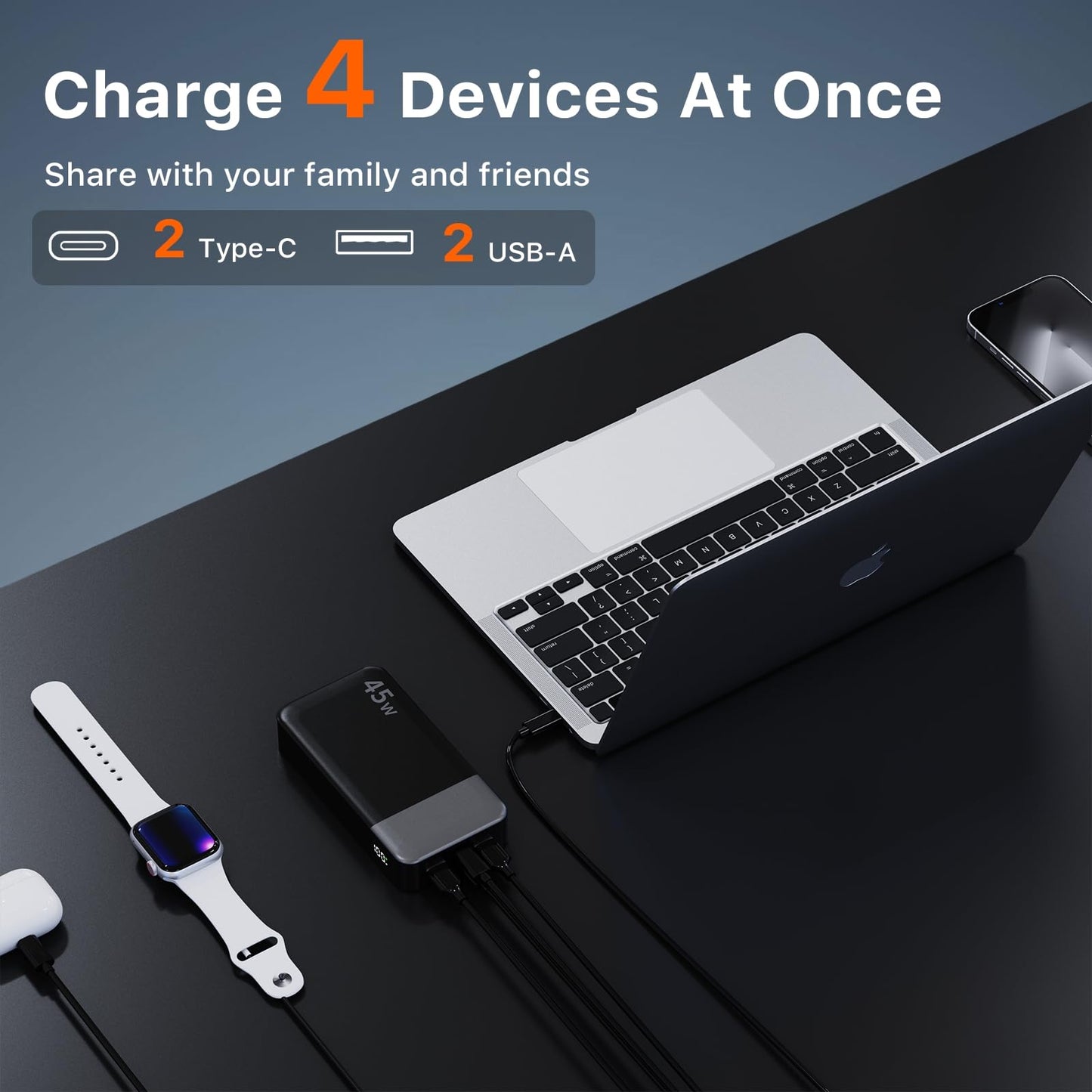 JUOVI Power Bank 45W 20000mAh Portable Charger USB C, PD QC Fast Charging 4-Port(2C+2A) External Battery Pack with LED Display, for iPhone 15 16