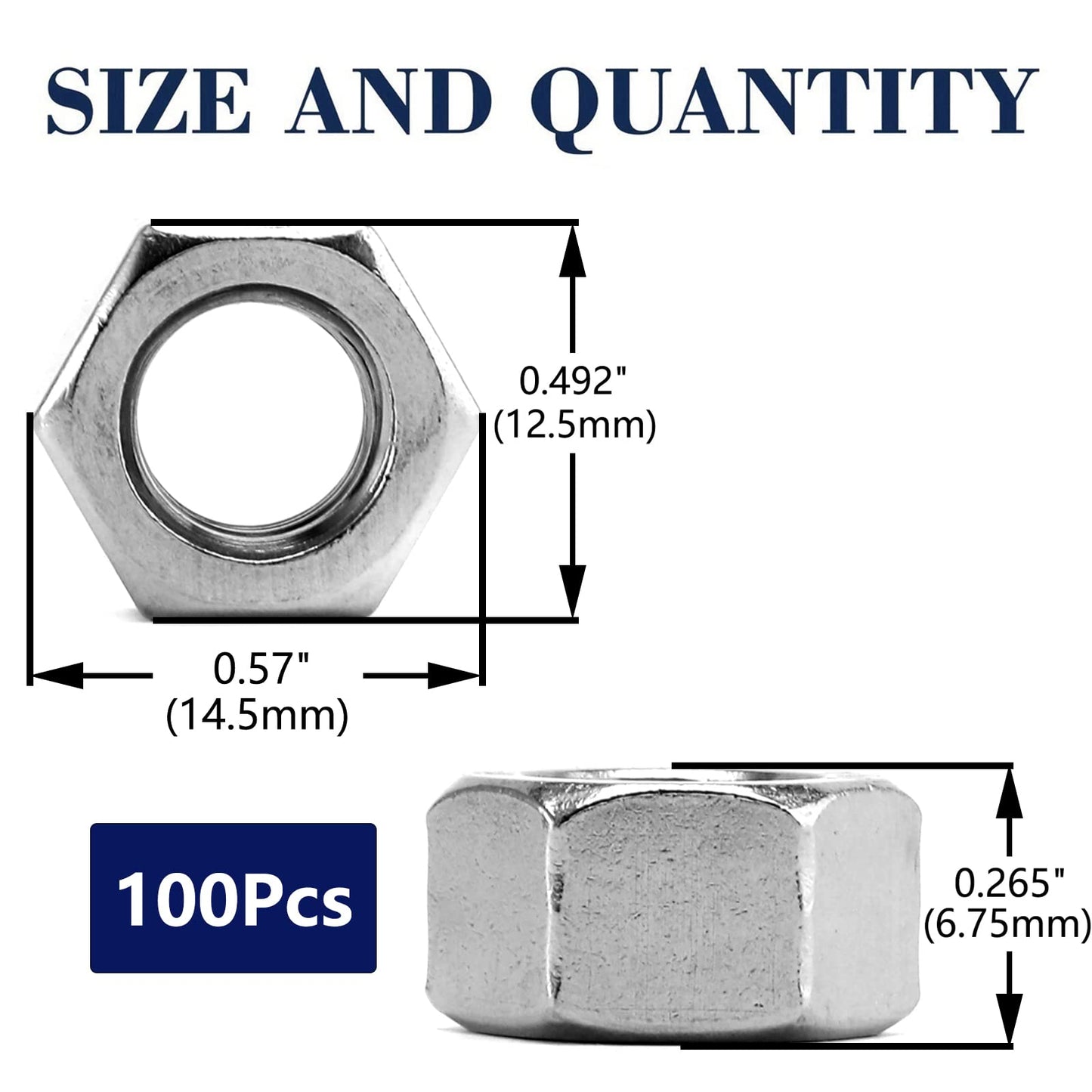 5/16-18 Hex Nuts 100Pcs 304 Stainless Steel 18-8, Full Thread, Hex Drive, Bright Finish by SG TZH