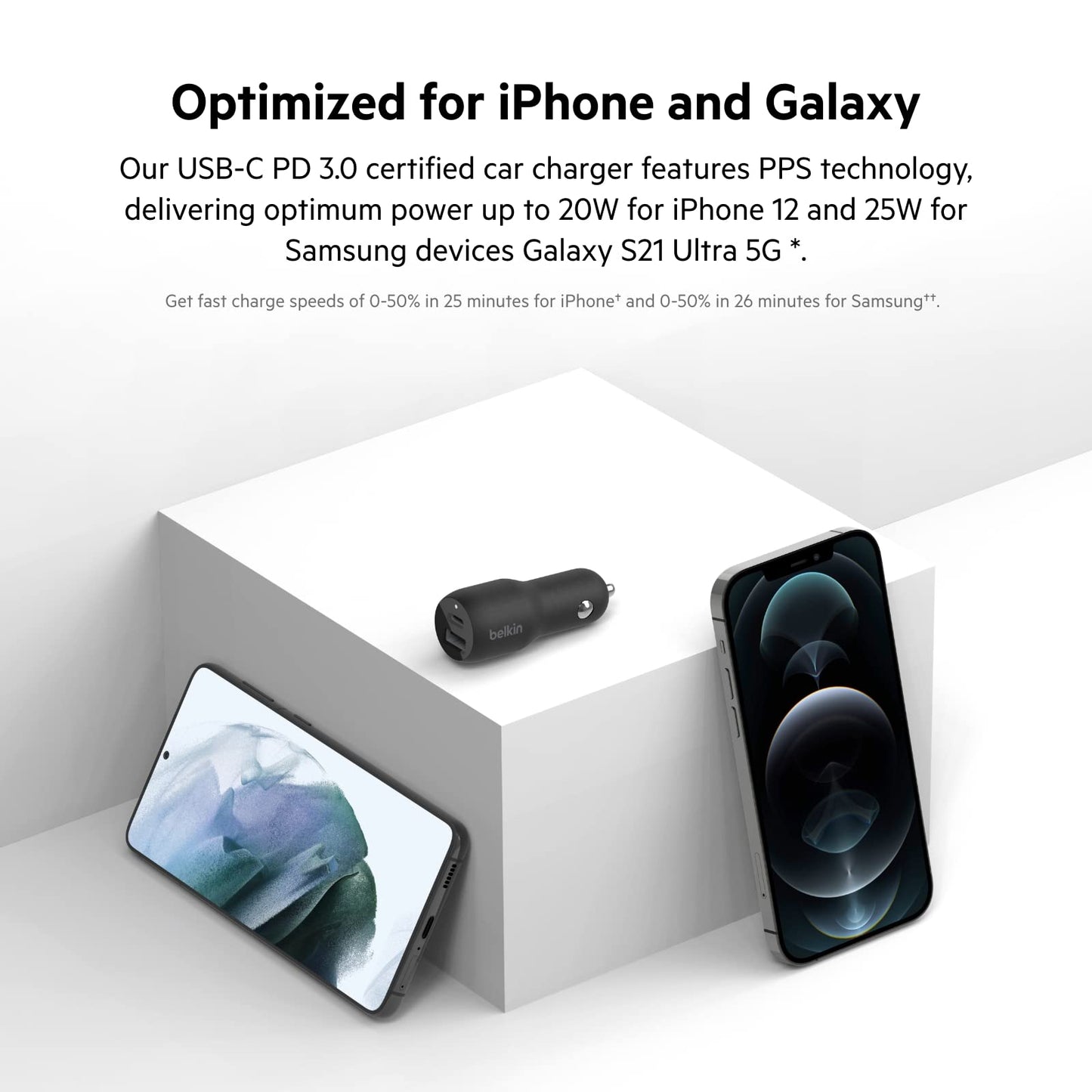 Belkin 37W Dual Port Fast Car Charger with 3.3ft USB-C Cable Included, USB-C 25W PPS Port and USB-A 12W Port for Galaxy S23, S23+, Ultra, Note20