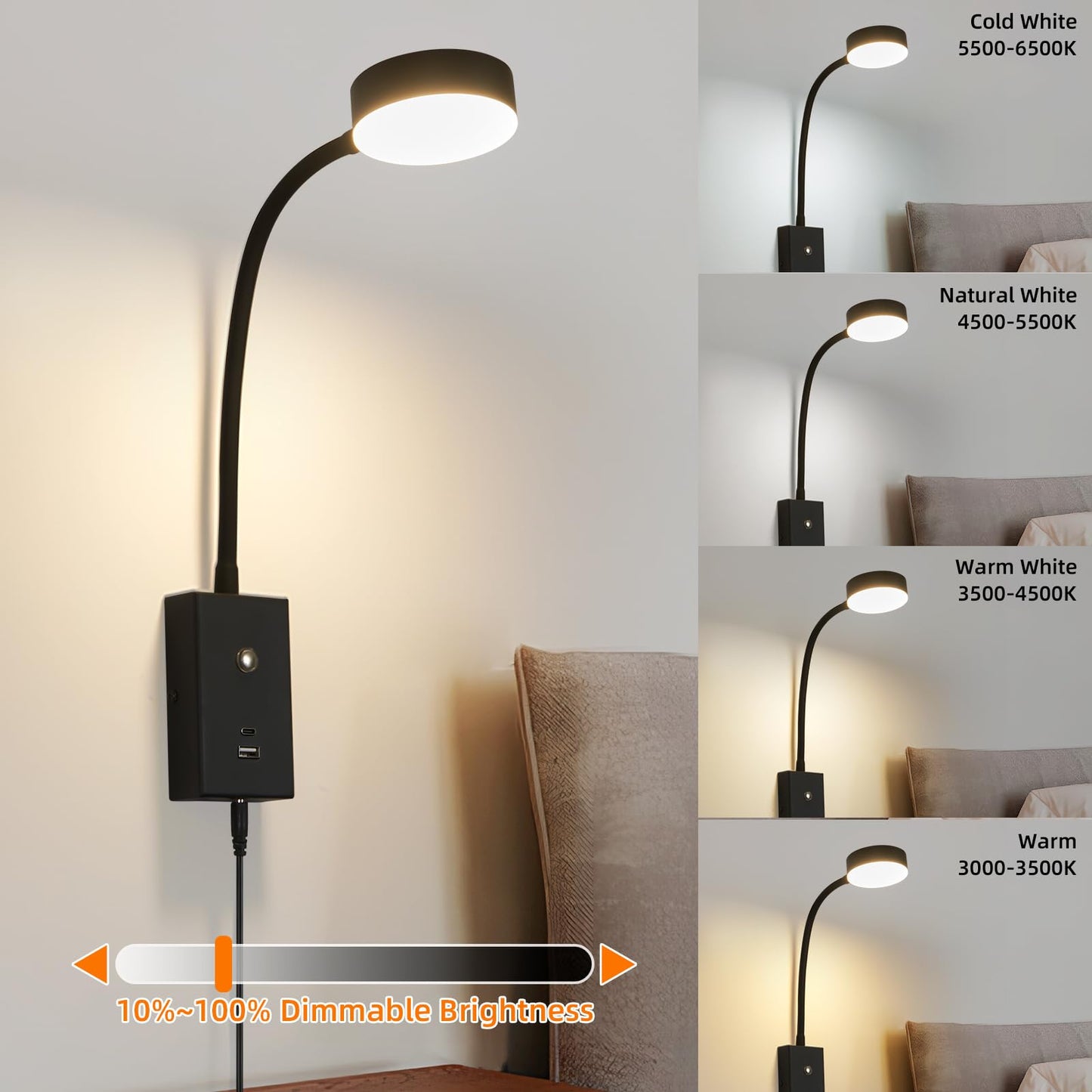 NOVCAND LED Wall Mounted Reading Light for Bed 2Pack, Flexible Gooseneck Book Light for Wall Bedside Lamp with USB-A/C Output,Touch Control 5 Dimmable