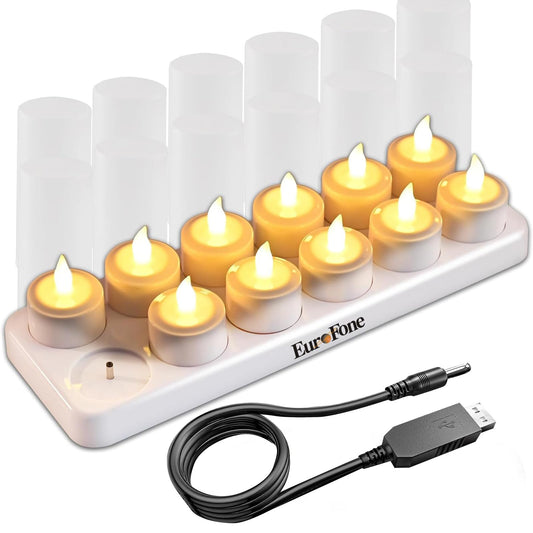 EuroFone 12PCS Flameless Candles - Rechargeable LED Tea Lights, Battery-Operated Electric Candles with Charging Base. Perfect Fake Candles for Wedding