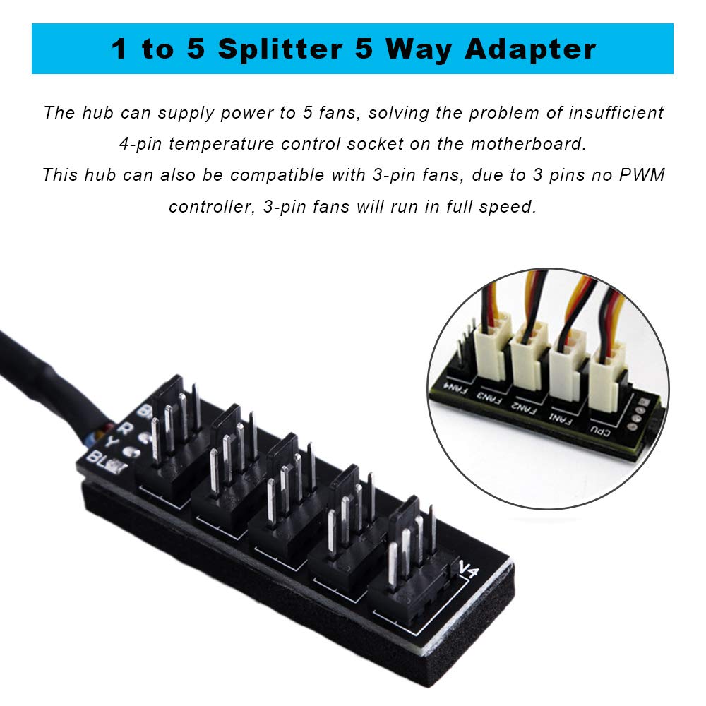 ZLKSKER 4 Pin PWM Fan Hub, PC Internal Fan Power Supply Extension Cable (13-Inch, 24AWG), 4 Pin & 3 Pin CPU Cooler Cooling Fan 1 to 5 Splitter 5 Way