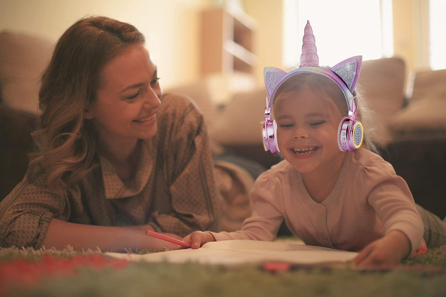 KORABA Kids Wireless Headphones for Girls Children Teens, LED Light Up Bluetooth Unicorn Headphones with Microphone for School/Xmas/Online…