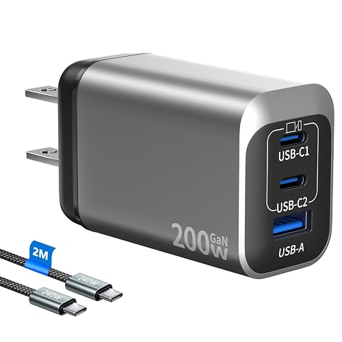 200W USB C Charge Block,3 Port PD 100W GaN Charger,Multi Port Fast Charging Station Hub for Multiple Devices,Compatible
