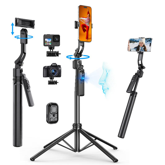 FOURPILLARS 68" Extendable Auto Face Tracking Tripod with Stand, 360° Rotation that Follows Your Movement, Portable Phone Tripod Stand with Remote