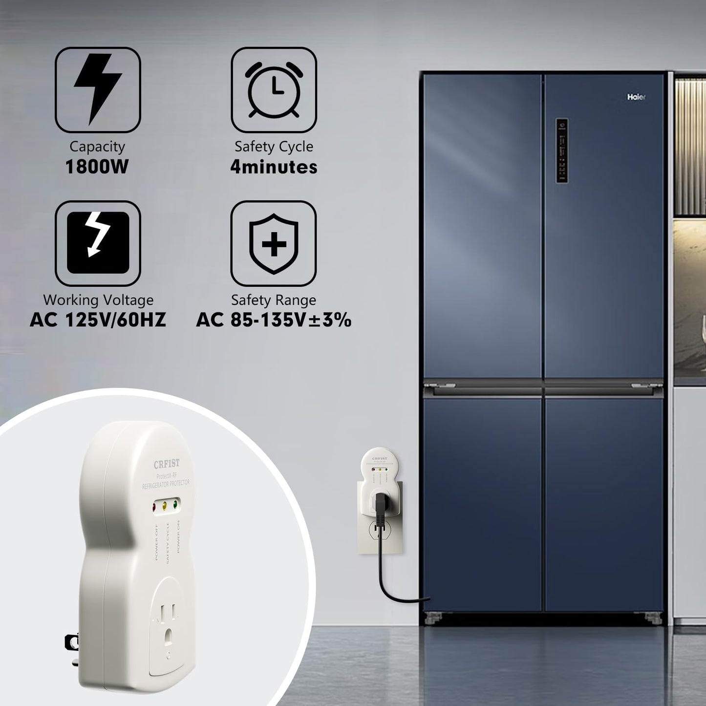 CRFIST Refrigerator-Specific Surge Protector - a Dedicated Single-Outlet Protector Designed for Household appliances, Featuring 1800W/15A Overload