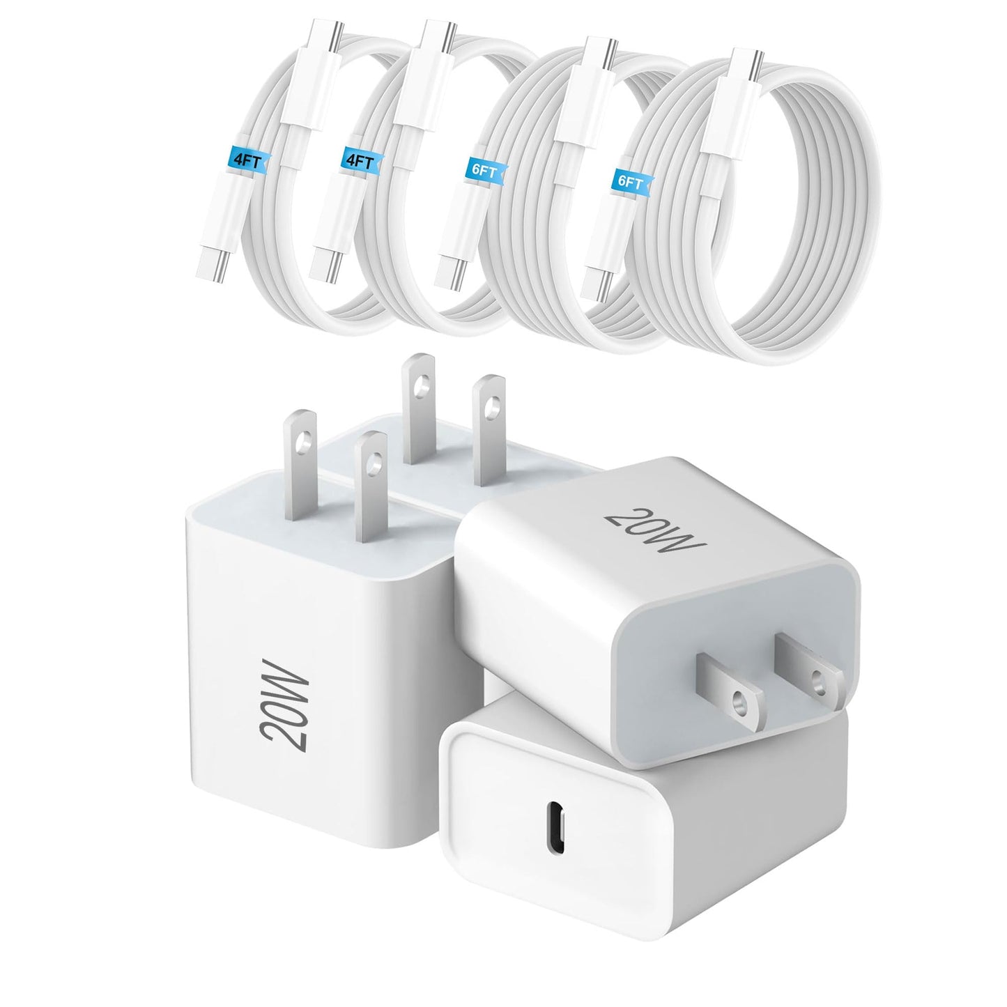 USB C Charger Block, 4 Pack 20W Fast Charge Type-C Adapter, USBC Wall Charger with 4FT/6FT USB C to C Cable for i Phone 17/17 Pro/16/16 Pro/16 Pro