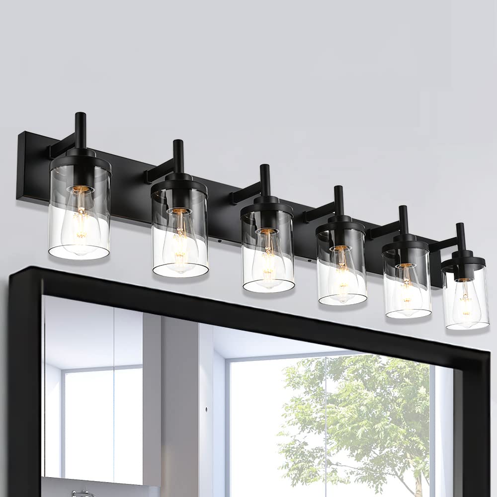 QueeuQ Modern Black Bathroom Vanity Light,6 Light Industrial Bathroom Light Fixtures Over Mirror with Clear Glass Shade Sconces Wall Lamp Lighting