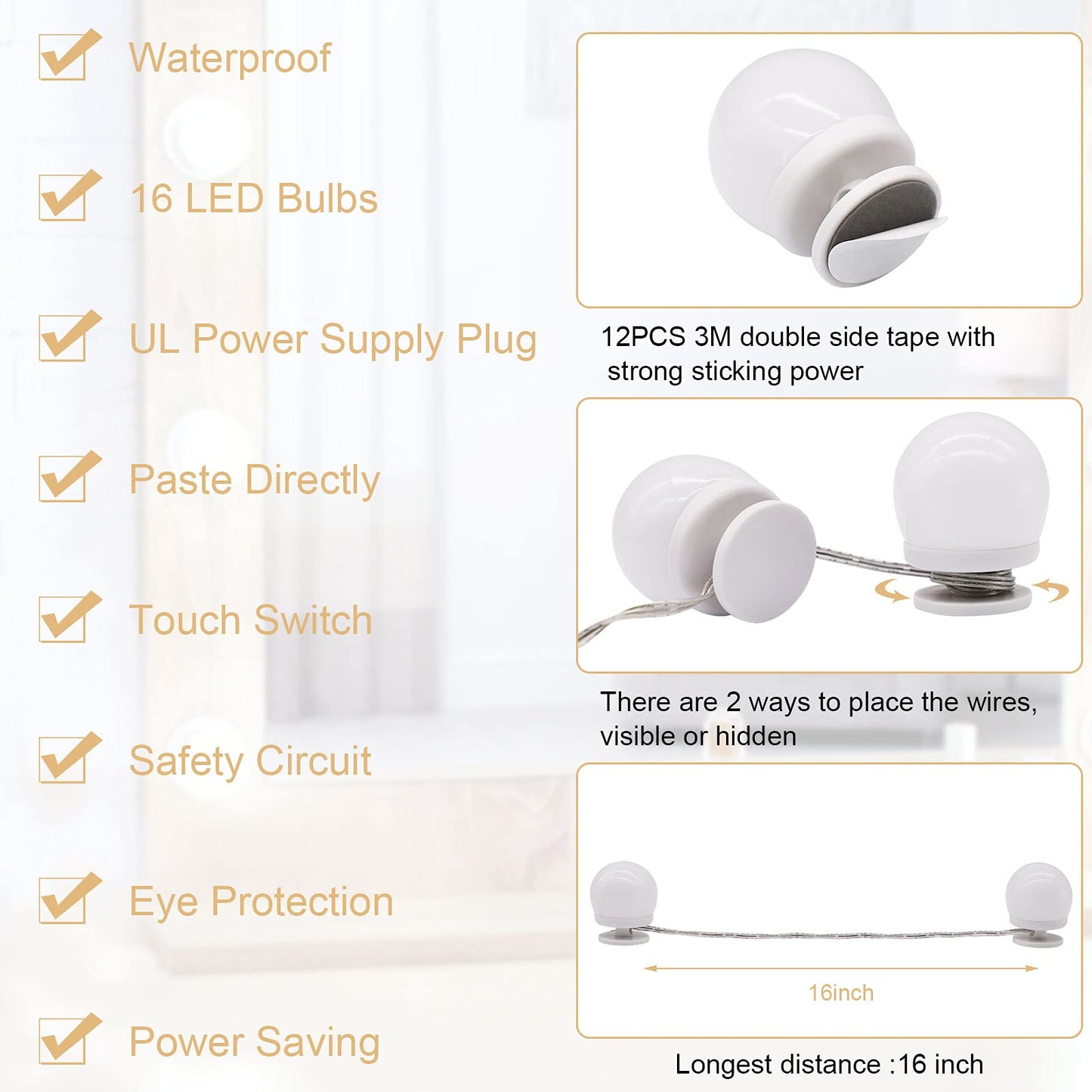 Lrlite Vanity Lights for Mirror, 16 LED Bulbs Hollywood Makeup Lights, 3 Color Modes, Dimmable Brightness, Plug in, Stick up, for Dressing Table