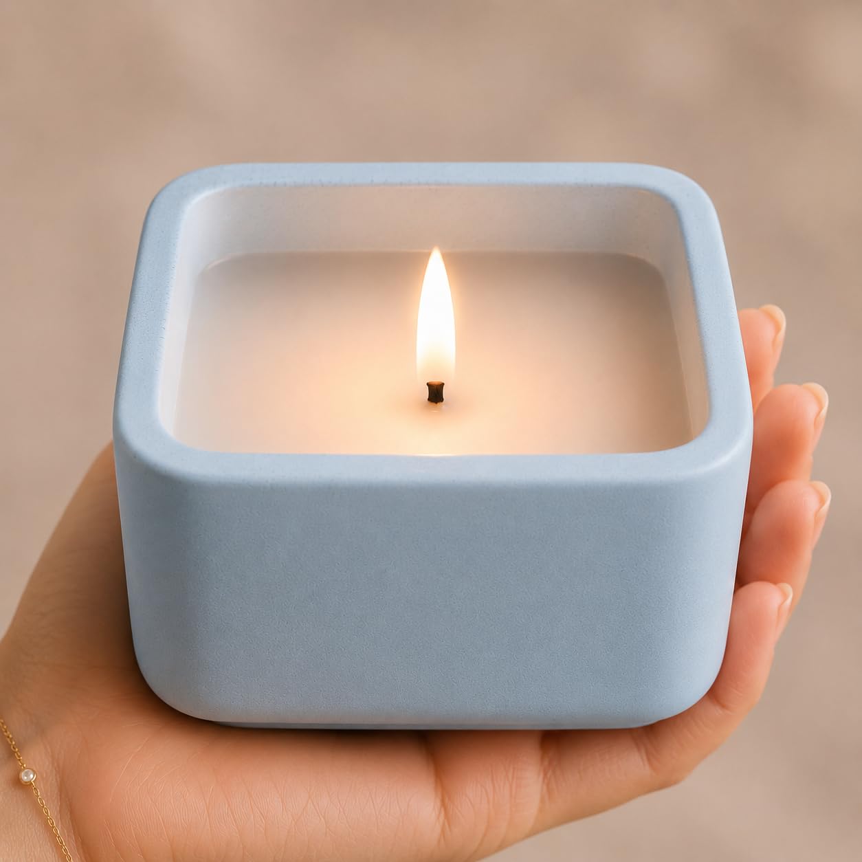 Flameless Candle - Square LED Candle with Real Wax in a Cement Base | Battery Operated, 500+ Hours | Housewarming Gift, Home Décor, Bathroom, Coffee