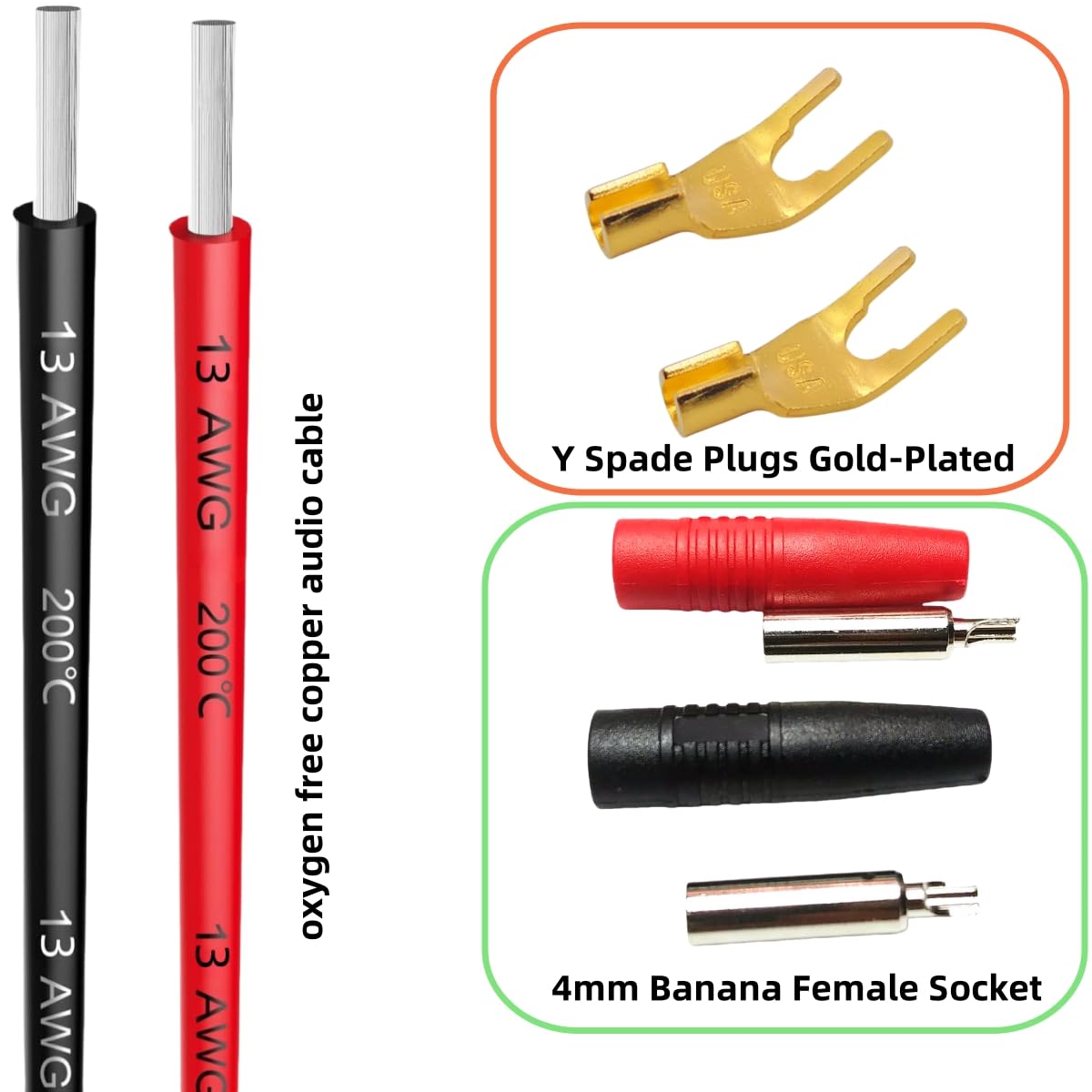 KOOKFJLLZ Gold Plated Speaker Wire Adapters - Spade to Banana Plug Connectors, 8-Inch Audio Cables, 4-Pack