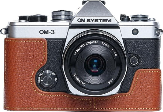 OM-3 Camera Case, BMAOLLONGB Handmade Genuine Real Leather Half Camera Case Bag Cover for Olympus OM-3 OM3 Camera Bottom Opening Version + Hand Strap