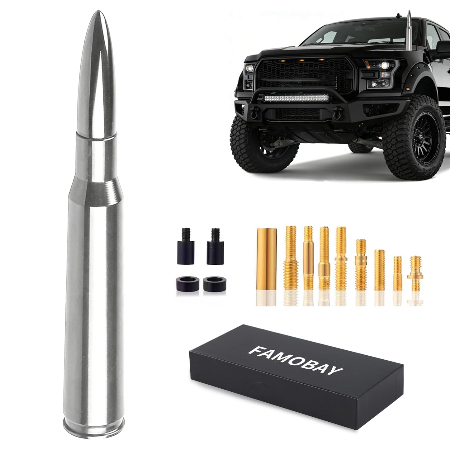 Famobay Chrome Stubby Bullet Antenna Car Truck Antenna Chevy Silverado & GMC Sierra Trucks Heavy Duty Pickup Trucks Accessories?7.8inch Chrome?