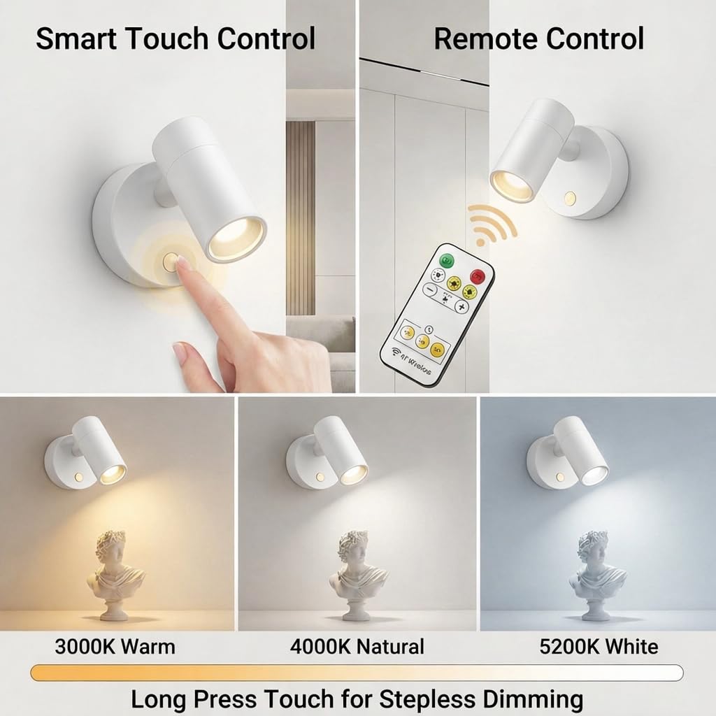 Lsoppn Magnetic Rechargeable Picture Light 2 Pack, Wireless Art Spotlight with Remote & Touch Control, 3 Color Temps Dimmable Wall Light, 2000mAh