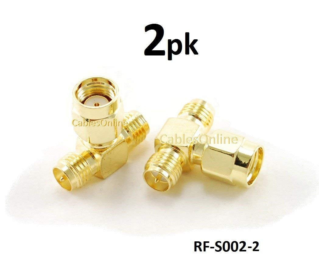 CablesOnline RP-SMA Jack-Plug-Jack 1 Male/2 Female RF Antenna T-Adapter (2 Pack)