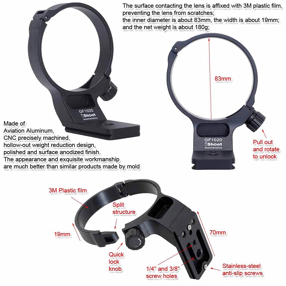 iShoot Tripod Mount Ring Lens Collar Compatible with Fujifilm GF 250mm f/4 R LM OIS WR & Fuji GF 100-200mm f/5.6 R LM OIS WR, Lens Support Bottom is