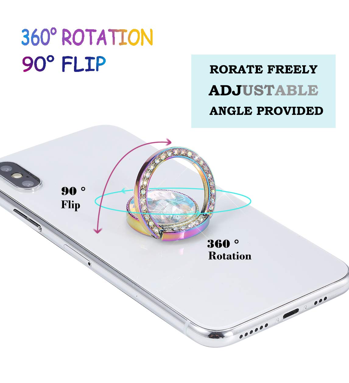 lenoup Iridescent Glitter Bling Bling Phone Ring Holder,Sparkle Phone Ring Artificial Diamond Stand,Rhinestone Cell Phone Finger Ring(Rainbow)