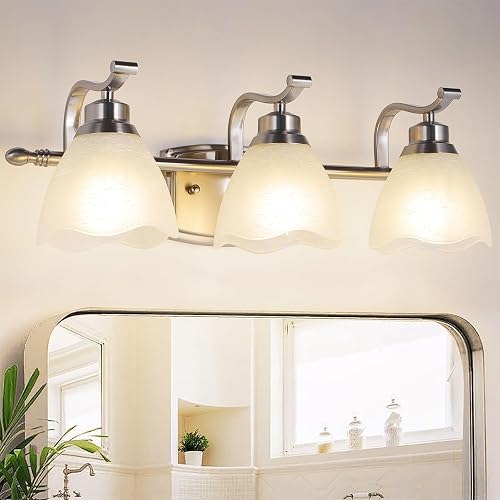WJShome 19.5" Bathroom Light Fixtures, 3-Light Vanity Lights with Frosted Glass Shades, Brushed Nickel Wall Sconces, for Mirror Bedroom Hallway