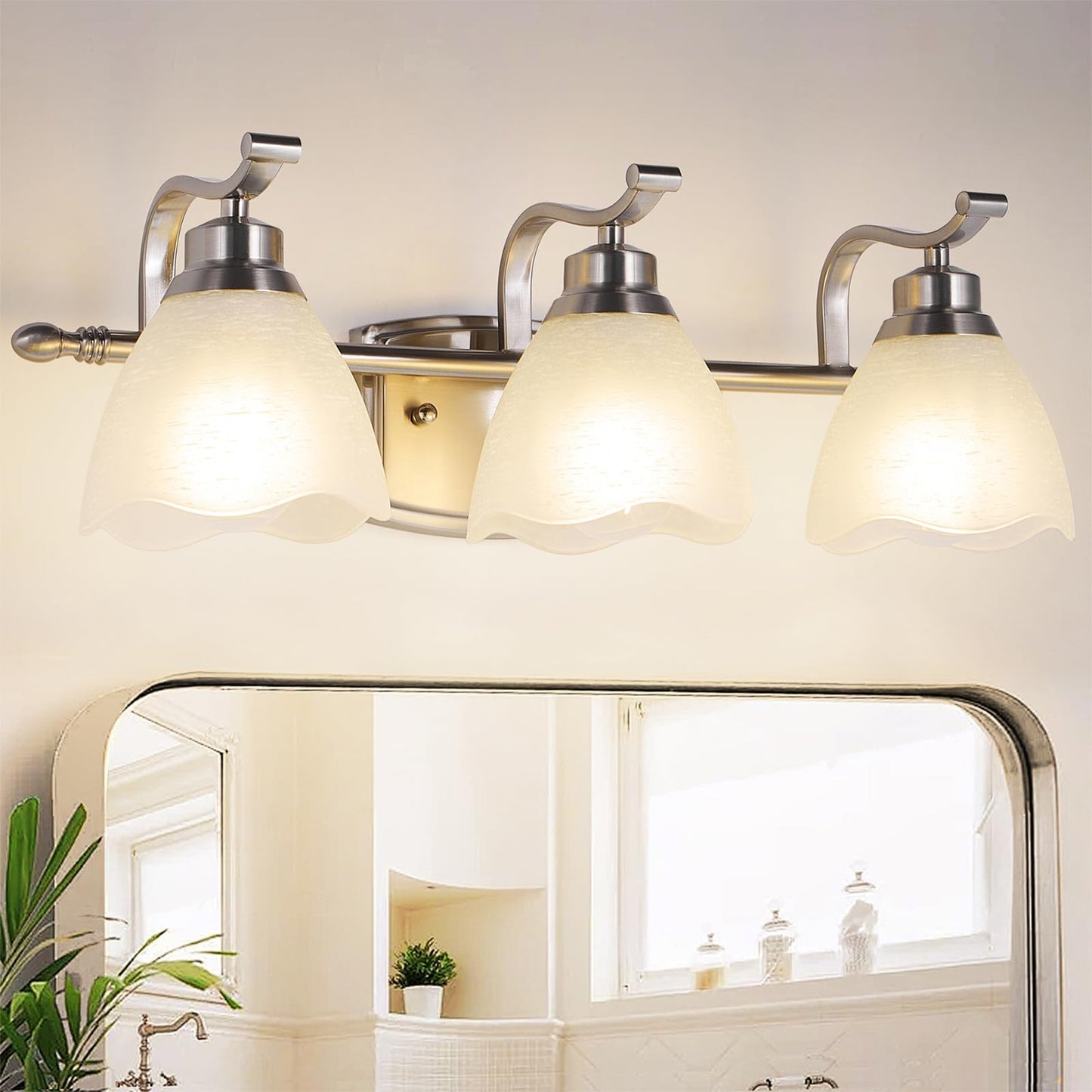 WJShome 19.5" Bathroom Light Fixtures, 3-Light Vanity Lights with Frosted Glass Shades, Brushed Nickel Wall Sconces, for Mirror Bedroom Hallway
