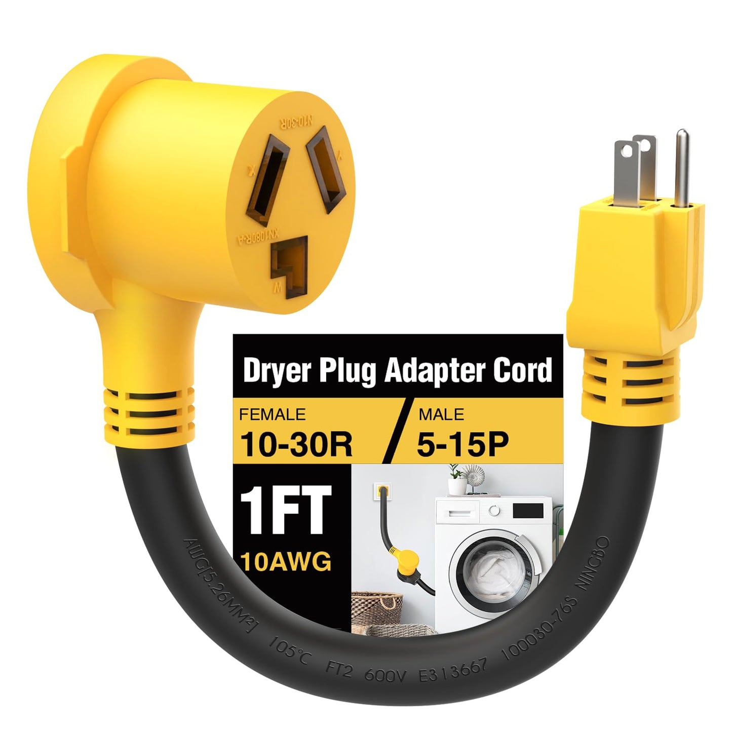 HUBRV Renters Friendly NEMA 5-15P Household Plug to 10-30R Dryer Adapter Cord 12 Inch Heavy Duty STW 10 Gauge ONLY for 120V Device EV Power Cord